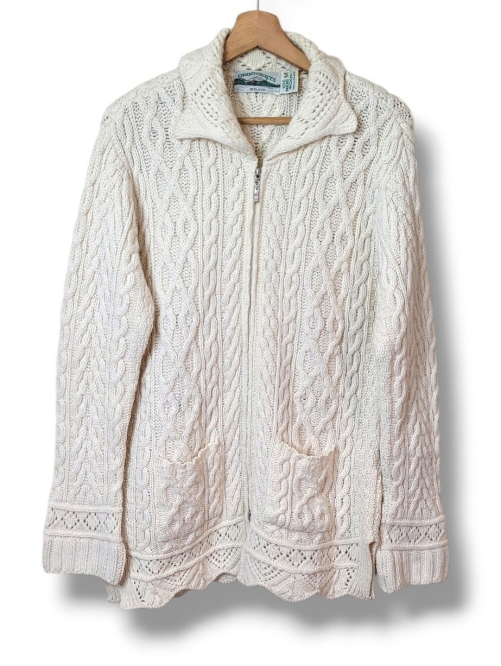 Aran Crafts Merino Wool Cable Knit Cardigan Sweater